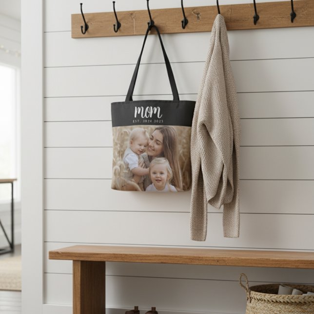Mom Established Script Black Photo Tote Bag (simple black and white trendy new mom established dates photo tote bag for mother's day christmas)