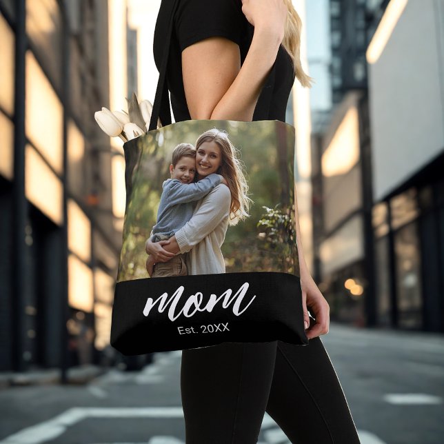 Mom Established Script Black Photo Tote Bag (Creator Uploaded)