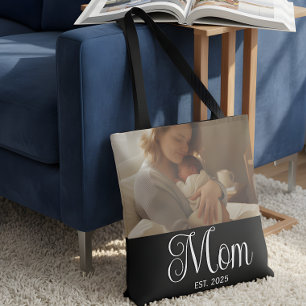 Mom Established Script Black Photo Tote Bag