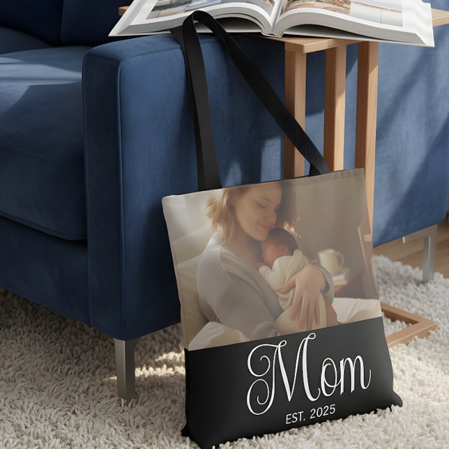 Mom Established Script Black Photo Tote Bag (Creator Uploaded)