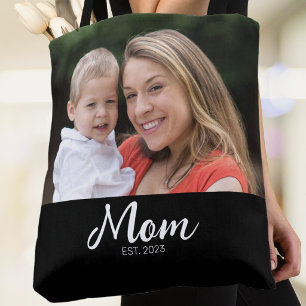 Mom Established Script Black Photo Tote Bag