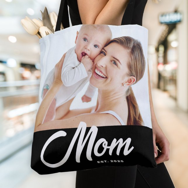 Mom Established Script Black Photo Tote Bag (Creator Uploaded)