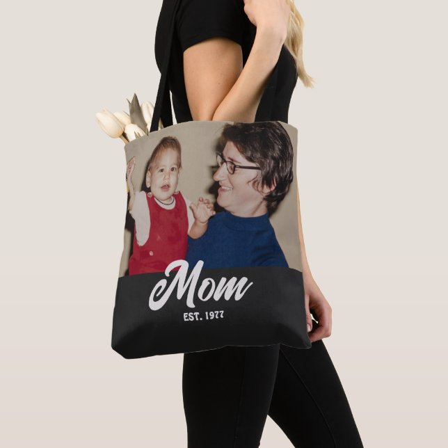 Mom Established Script Black Photo Tote Bag (Close Up)
