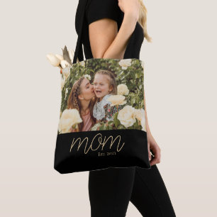 Mom Established Script Black Photo Tote Bag