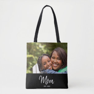 Mom Established Script Black Photo Tote Bag