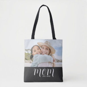 Mom Established Script Black Photo Tote Bag