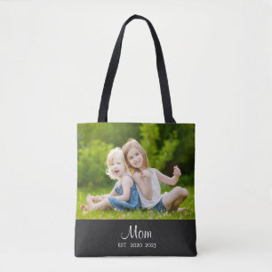 Mom Established Script Black Photo Tote Bag