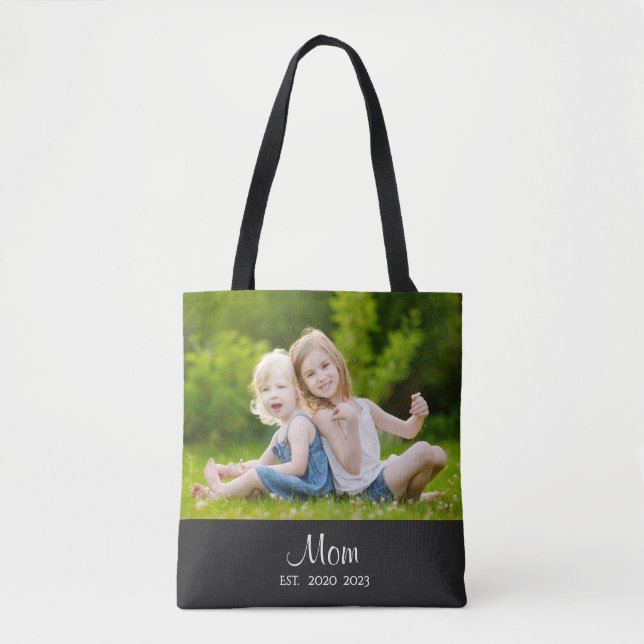 Mom Established Script Black Photo Tote Bag (Front)