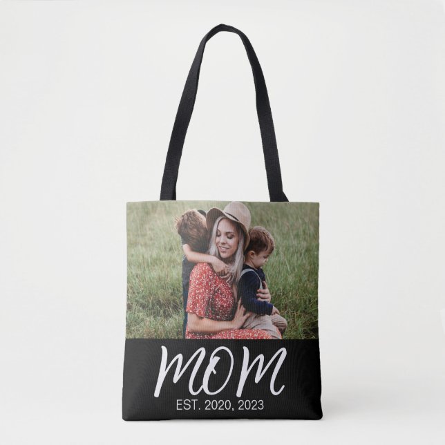 Mom Established Script Black Photo Tote Bag (Front)