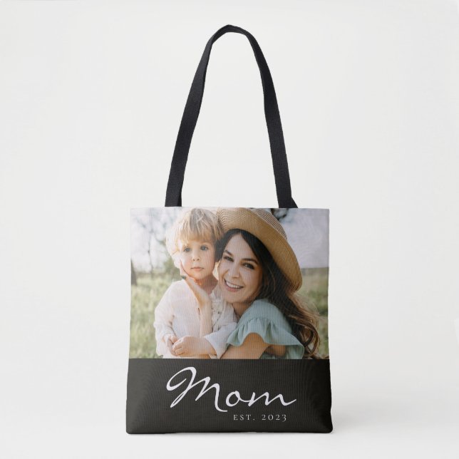 Mom Established Script Black Photo  Tote Bag (Front)