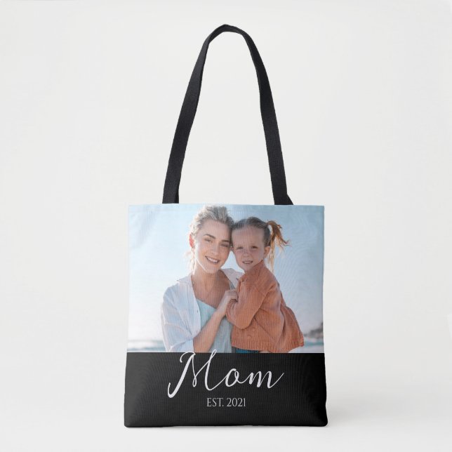Mom Established Script Black Photo  Tote Bag (Front)