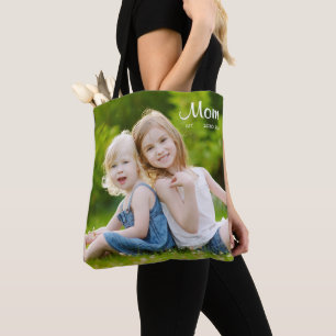 Mom Established Script Black Photo Tote Bag