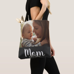 Mom Established Script Black Photo Tote Bag