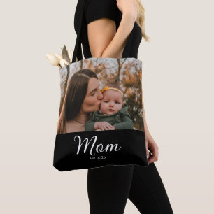Mom Established Script Black Photo Tote Bag