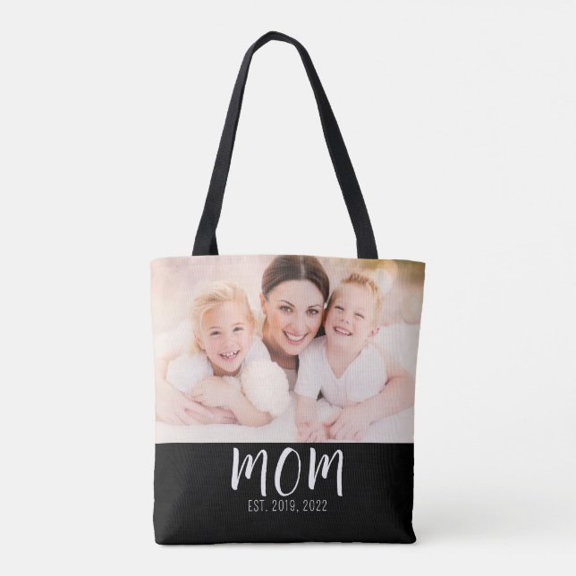 Mom Established Script Black Photo Tote Bag (Back)