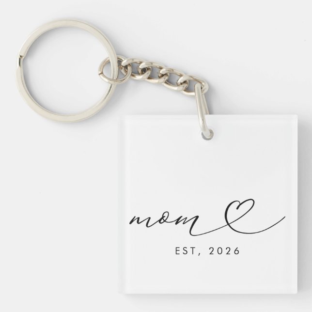 Mom Established Script & Heart New Mom Gift Keychain (Front)