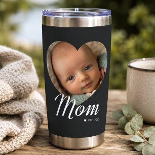 Mom Established Script Heart Photo Black Insulated Tumbler