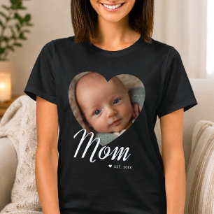 Mom Established Script Heart Photo Black T-Shirt