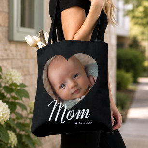 Mom Established Script Heart Photo Black Tote Bag