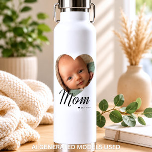 Mom Established Script Heart Photo White Insulated Water Bottle