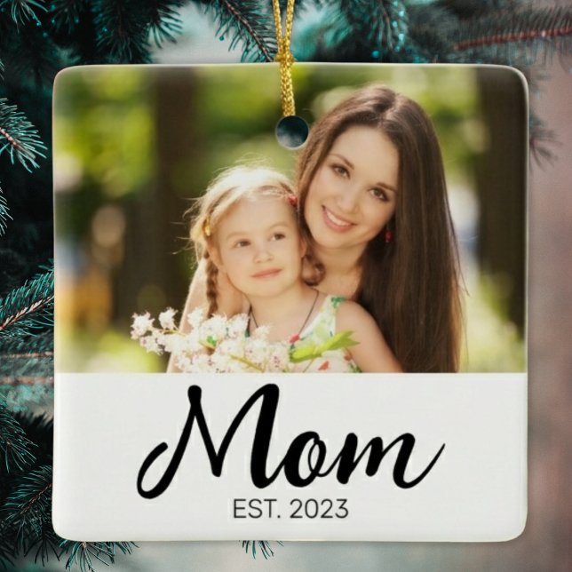 Mom Established Script Photo Ceramic Ornament (Creator Uploaded)