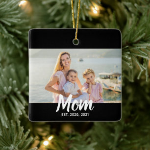 Mom Established Script Photo Custom Date Ceramic Ornament