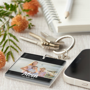 Mom Established Script Photo Custom Date Keychain