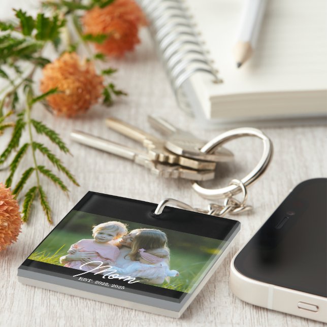 Mom Established Script Photo Keychain (Front Right)