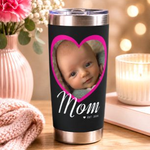 Mom Established Script Pink Heart Photo Black Insulated Tumbler