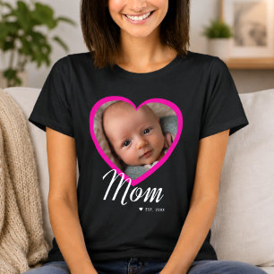 Mom Established Script Pink Heart Photo Black T-Shirt
