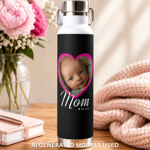 Mom Established Script Pink Heart Photo Black Water Bottle