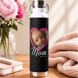 Mom Established Script Pink Heart Photo Black Water Bottle
