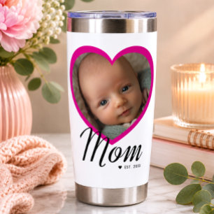 Mom Established Script Pink Heart Photo White Insulated Tumbler