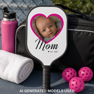 Mom Established Script Pink Heart Photo White Pickleball Paddle