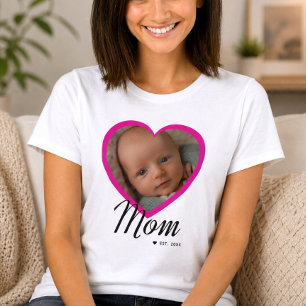 Mom Established Script Pink Heart Photo White T-Shirt
