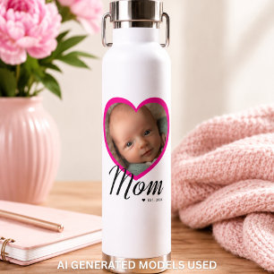 Mom Established Script Pink Heart Photo White Water Bottle