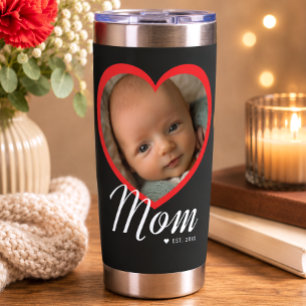 Mom Established Script Red Heart Photo Black Insulated Tumbler