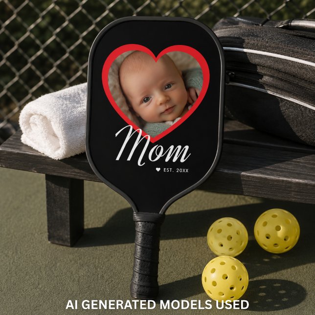 Mom Established Script Red Heart Photo Black Pickleball Paddle (Mom Established Script Red Heart Photo Black Carbon Fiber Pickleball Paddle)