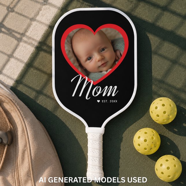 Mom Established Script Red Heart Photo Black Pickleball Paddle (Mom Established Script Red Heart Photo Black Carbon Fiber Pickleball Paddle)