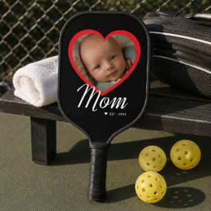 Mom Established Script Red Heart Photo Black Pickleball Paddle
