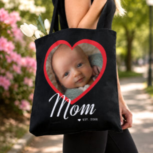 Mom Established Script Red Heart Photo Black Tote Bag