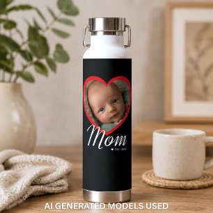 Mom Established Script Red Heart Photo Black Water Bottle
