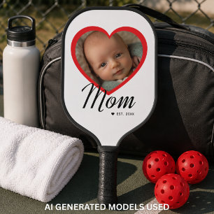 Mom Established Script Red Heart Photo White Pickleball Paddle