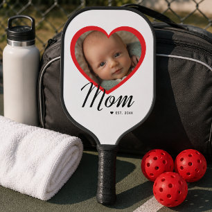 Mom Established Script Red Heart Photo White Pickleball Paddle