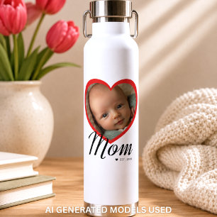 Mom Established Script Red Heart Photo White Water Bottle