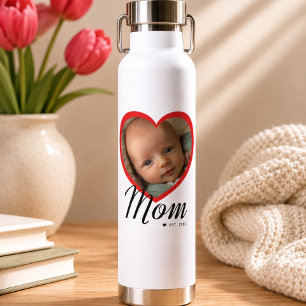 Mom Established Script Red Heart Photo White Water Bottle