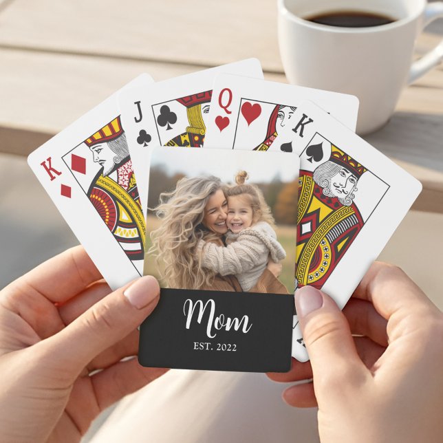 Mom Established Script Text Black Photo Playing Cards (Mom established in white script with a favorite personalized photo)