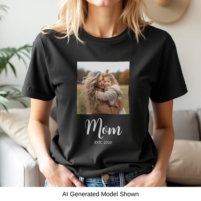 Mom Established Script Text Photo T-Shirt (Established mom 1 photo white script text personalized t-shirt gift for Mother's Day or Birthday)