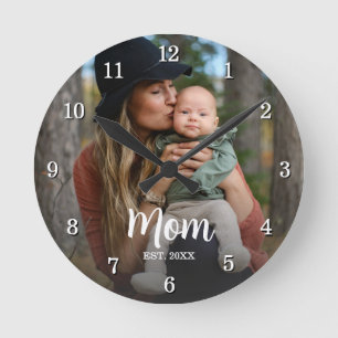 Mom Established Script Typography Photo Year Est Round Clock