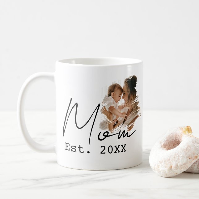 Mom Established Simple Script Custom Photo Coffee Mug (With Donut)
